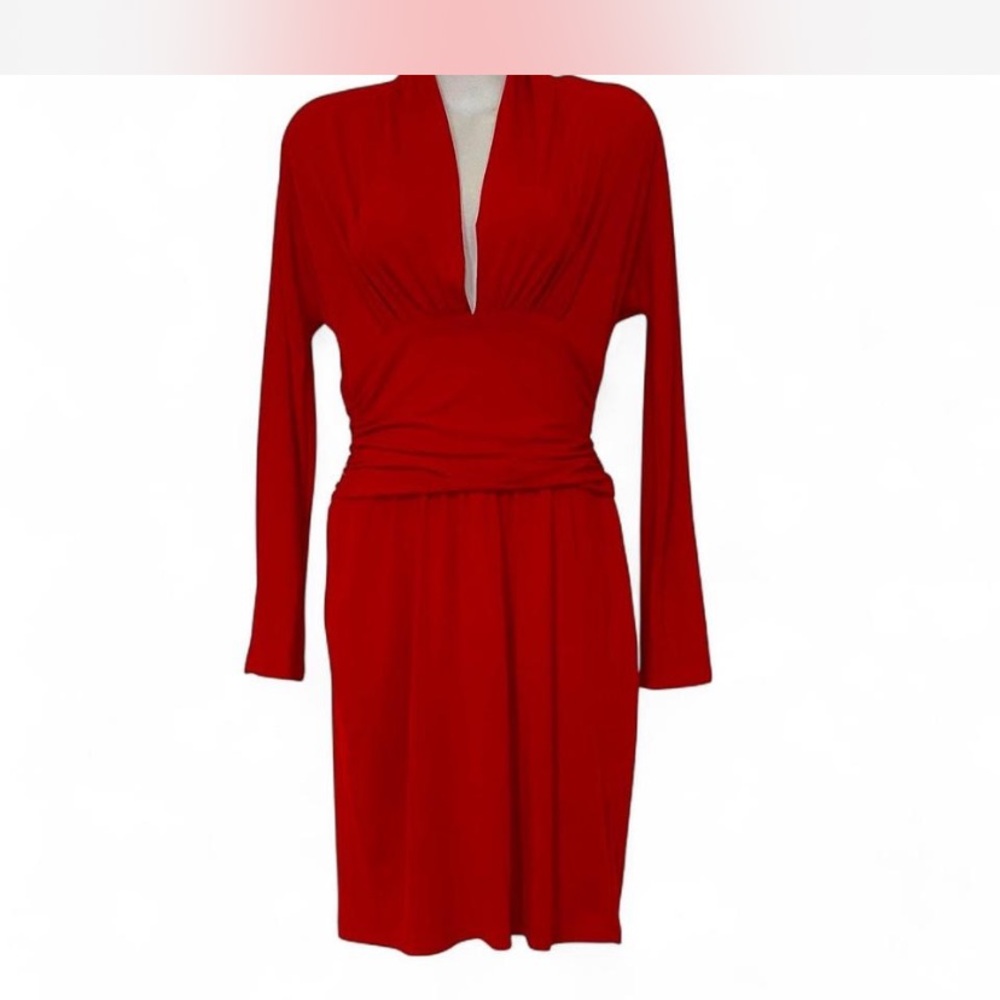 Boston Proper Red Plunge Neck Long Sleeve Sheath Dress